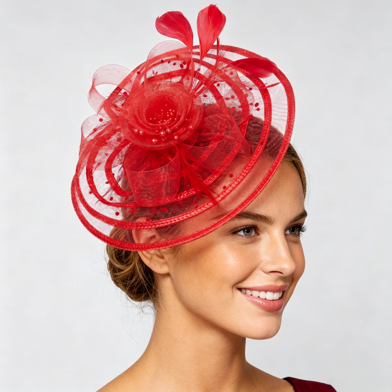 red dress fascinator Wedding Fascinator Headpiece Party Day Ladies Floral Hat Banquet Bridal  Headwear Net Large Flower Ornament Daily Dress Red One Size