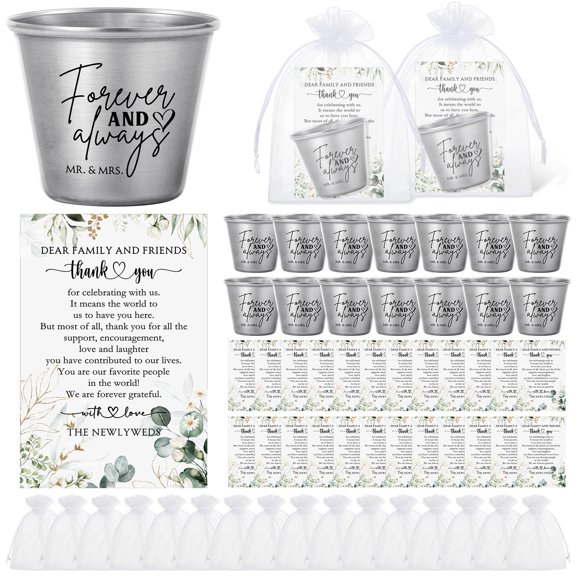 Wedding Favors Set 25 Stainless Steel Shot Cups with Thank You Cards and Organza Bags