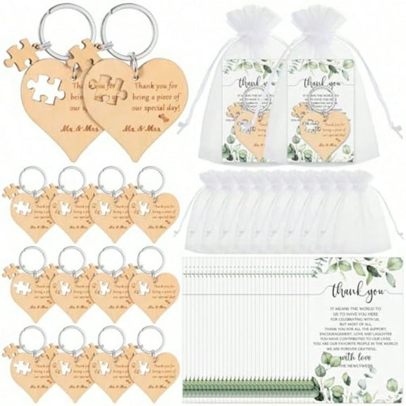 Wedding Favors for Guests Wood Heart Puzzle Keychains Thank You Cards Gift Bag Bridal Shower Souvenir Gifts 100 Sets