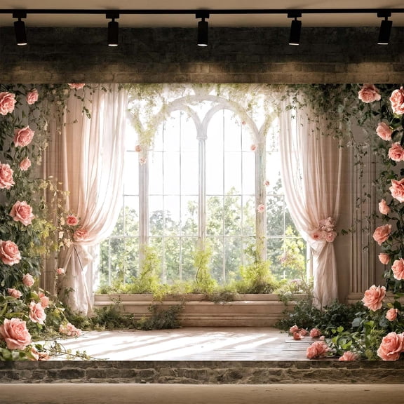 Wedding Floral Backdrop Spring Window Scenery Photography Pink Flower Wall Green Forest Background Bridal Newborn Birthday Party Decoration Photo Studio Shoot Props 7X5