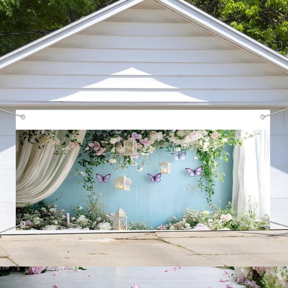 Wedding Floral Garage Door Cover Banner Decorations, Bridal Shower Flower Green Leaves Aesthetic Elegant Floral Garage Door Cover for Outdoor Decoration, 13X6 Ft