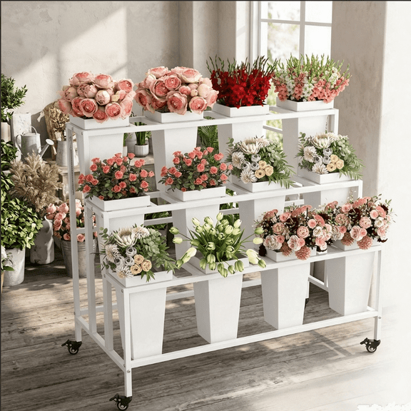 Wedding Flower Bar Stand, 3 Tier 12 Square Bucket Flower Display Rack, White Metal Rolling Cart for Events