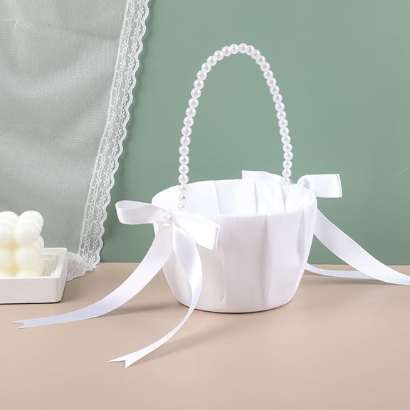 Wedding Flower Basket, Deluxe Ivory Flower Petal Basket for s, Satin Flower Basket with Elegant Bow Tie and Pearl Embellishments for Church Wedding Decor, Bridal Party Gift, White