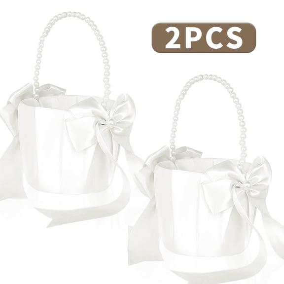 Wedding Flower Basket with Cute Pearl Handle Bowknot Satin Flower Baskets for Wedding Ceremony Ivory 2 Pcs