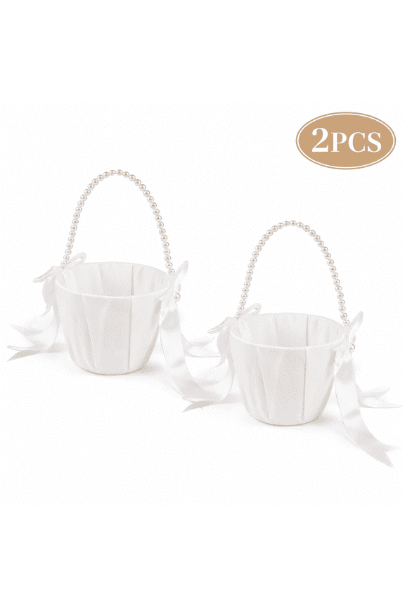 Wedding Flower Basket with Cute Pearl Handle Bowknot Satin Flower Baskets for Wedding Ceremony Ivory 2 Pcs