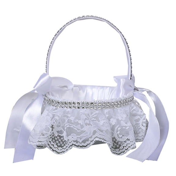 Wedding Flower Girl Baskets Elegant White Small Piece Satin Lace Flower Basket with Faux Flowers Bows Pearls Decor