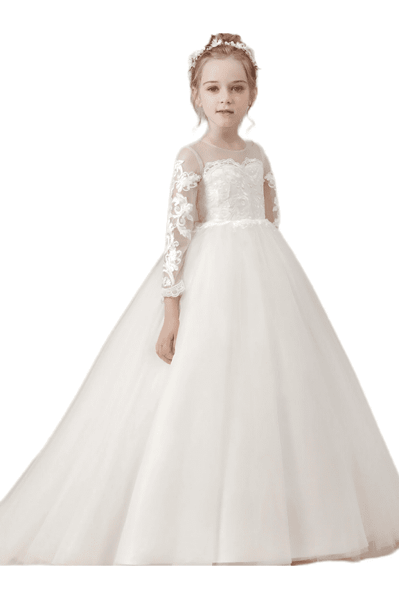 Wedding Flower Girl Dress Long Sleeve Princess First Communion Dresses Pageant Tutu gowns (Ivory 10 -11Years)
