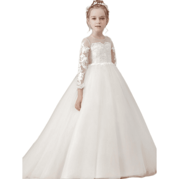 Wedding Flower Girl Dress Long Sleeve Princess First Communion Dresses Pageant Tutu gowns (Ivory 4 -5 Years）