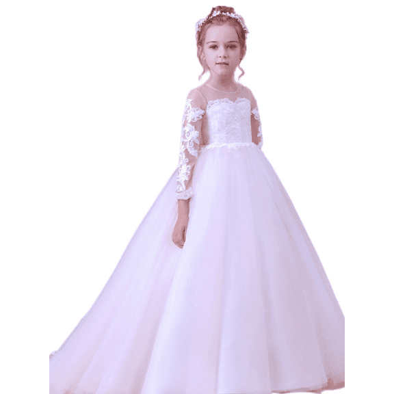 Wedding Flower Girl Dress Long Sleeve Princess First Communion Dresses Pageant Tutu gowns (White 2 -3Years）