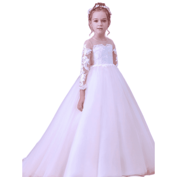 Wedding Flower Girl Dress Long Sleeve Princess First Communion Dresses Pageant Tutu gowns (White 2 -3Years)
