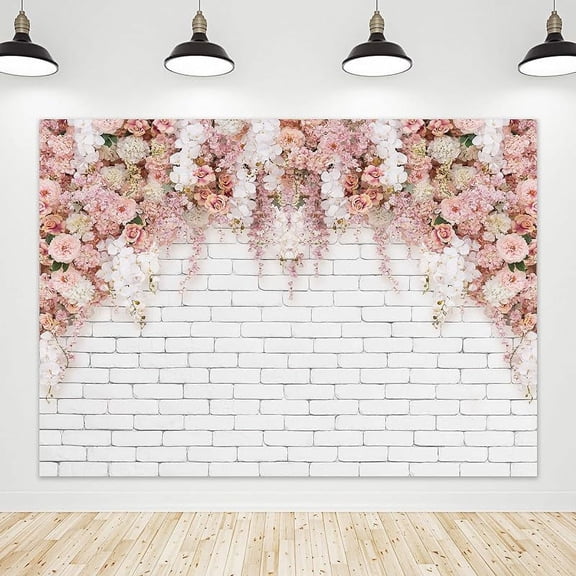Wedding Flower Wall Backdrop Pink Bridal Shower Brick Floral Blossom Romantic Rose Plant Elegant Women Girls Photography Background Wedding Photo Studio Shoot