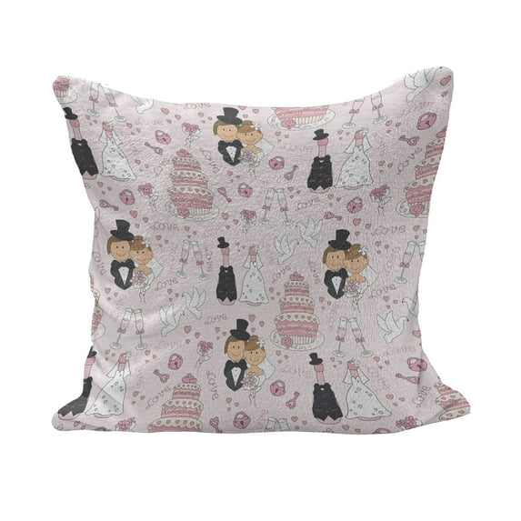 Wedding Fluffy Throw Pillow Cushion Cover, Hand Drawn Pattern of Couple Getting Married Celebration Cakes Flowers Drinks, Decorative Square Pillow Case, 16" x 16", Pink White Black, by Ambesonne