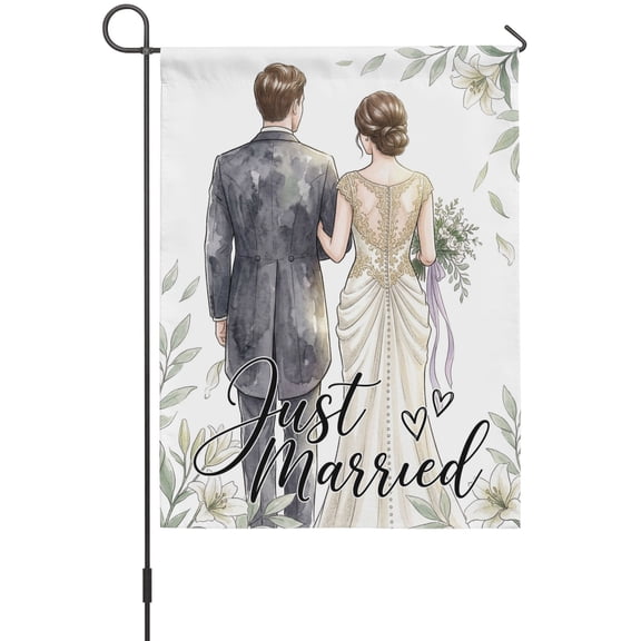 Wedding Garden Flag 12 x 18 Inches, Just Married Couple Walking Love Anniversary Weather Proof Outdoor Patio Flags Double Sided Small Garden Decoration for Yard Outside Home