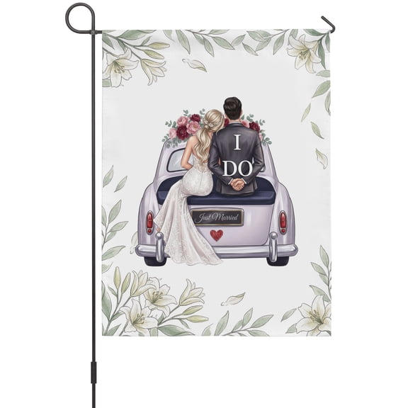 Wedding Garden Flags For Outdoor, Couple in Car Just Married Romantic Small Double Side Yard Flags Weather Proof Garden Decor for Lawn Outside Holiday 12 x 18 Inches