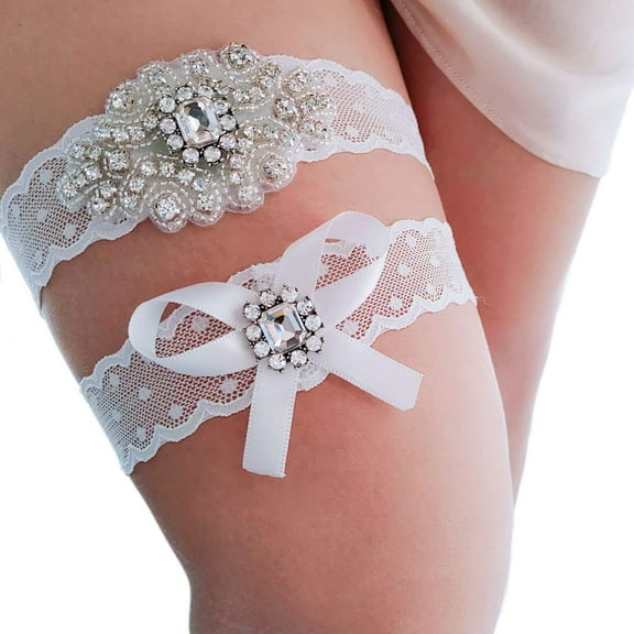Wedding Garters for Bride White Lace Bridal Garter Crystal Rhinestone Leg Garter Set Bridal Accessories for Wedding (Pack of 2)