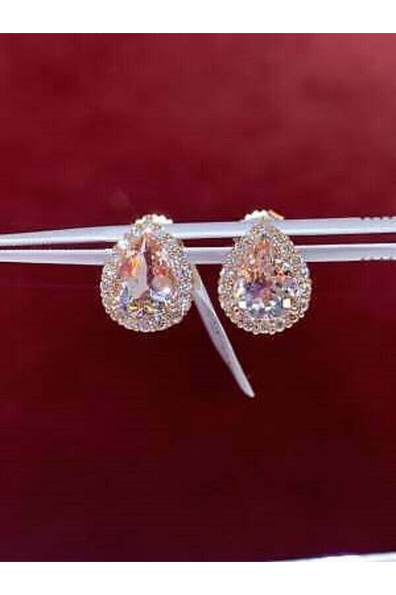 Wedding Gift 2.20CT Pear Cut Peach Morganite & Diamond Halo Stud Earrings 14K Rose Gold Plated Silver