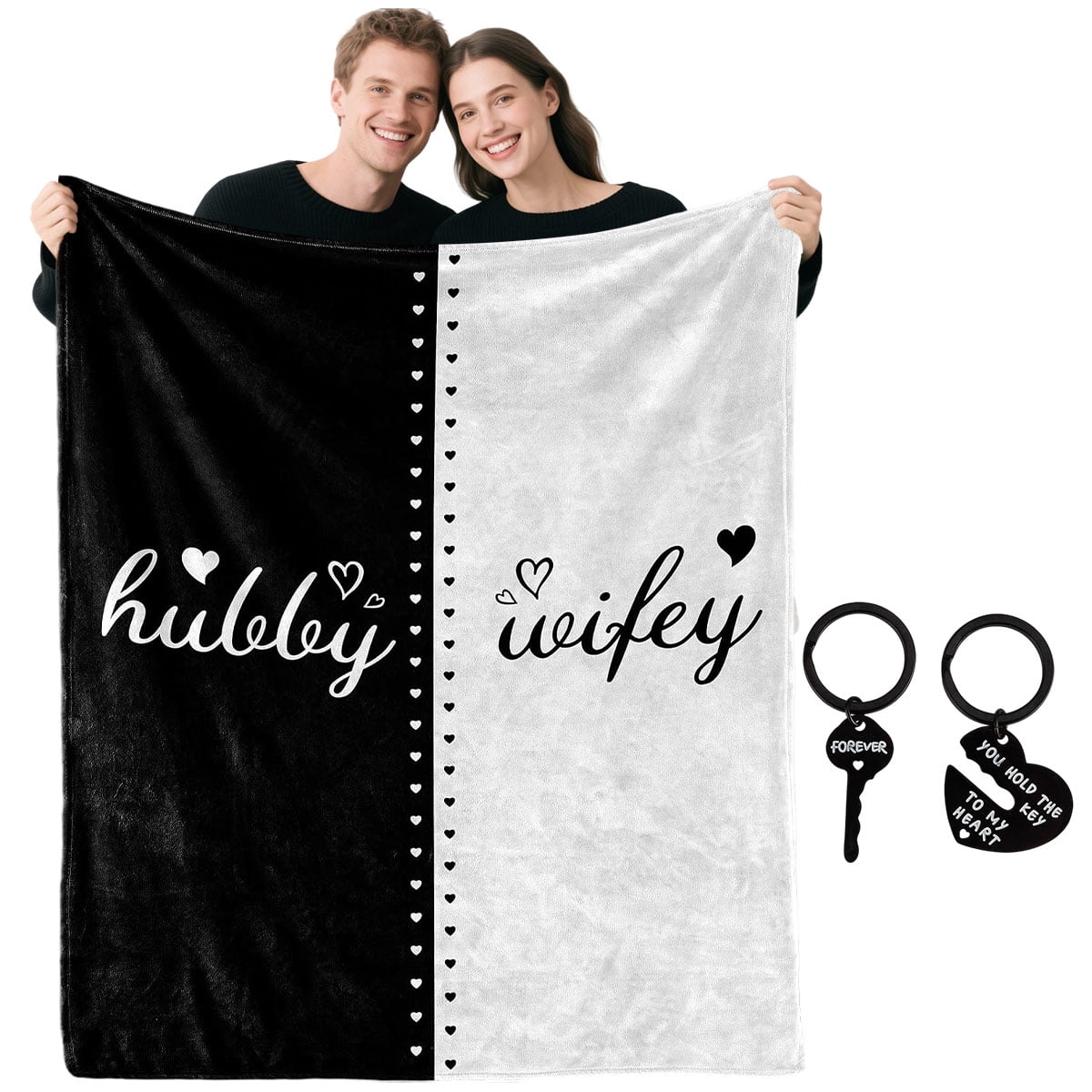 Wedding Gift for Bride and Groom Bridal Shower Engagement Gift Mr and Mrs Gift Couple Blanket Keychain for Bride Unique Newlywed Gift 51" x 59" Design 1