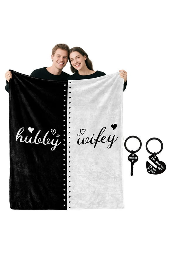 Wedding Gift for Bride and Groom Bridal Shower Engagement Gift Mr and Mrs Gift Couple Blanket Keychain for Bride Unique Newlywed Gift  51" x  59" Design 1