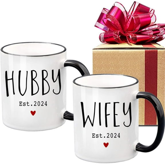 Wedding Gift for Couples, Hubby & Wifey Est 2024 Coffee Mugs 11oz, Bride Groom Mug Set, Promoted to Be Hubby Wifey Wedding Gift, Couples Birthday Christmas Coffee Mug Newlywed Gift Set