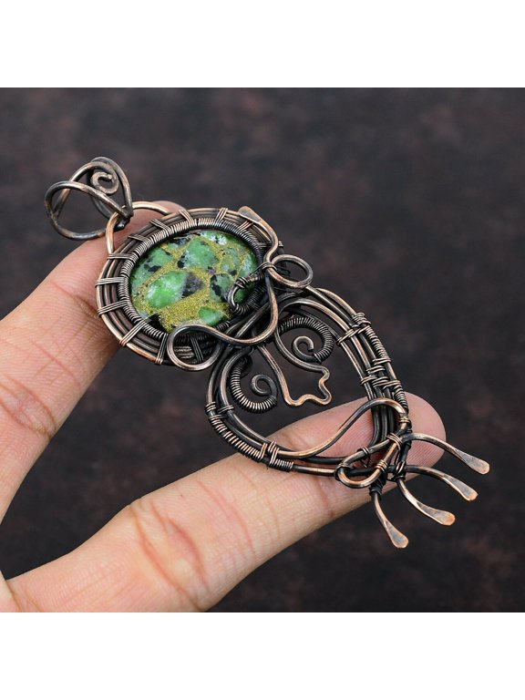 Wedding Gift For Her Copper Ruby Zoisite Jewelry Wire Wrapped Pendant 3.86"