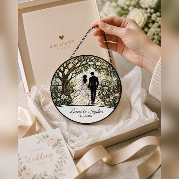 Wedding Gift Stained Glass Suncatcher, Personalized Garden Walk Window Hanging for Couples