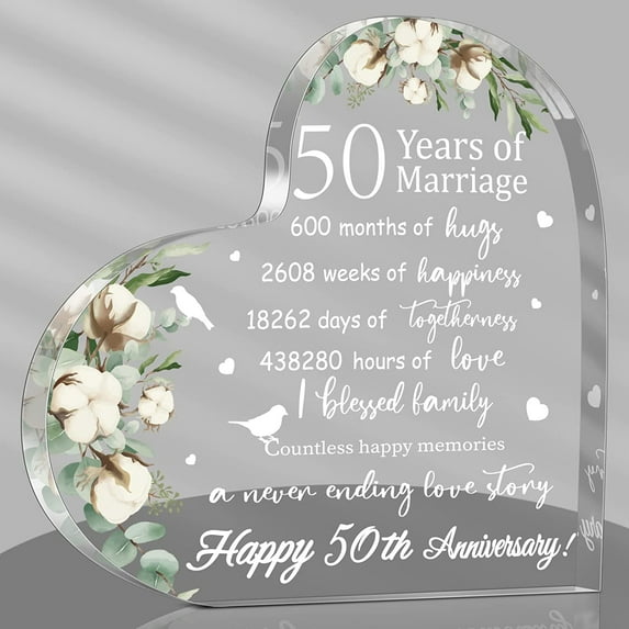 Wedding Gift for Her Years of Marriage Gift Happy Anniversary Present for Woman Acrylic Heart Marriage Keepsake for Wife Husband Girlfriend Boyfriend (50th Style)