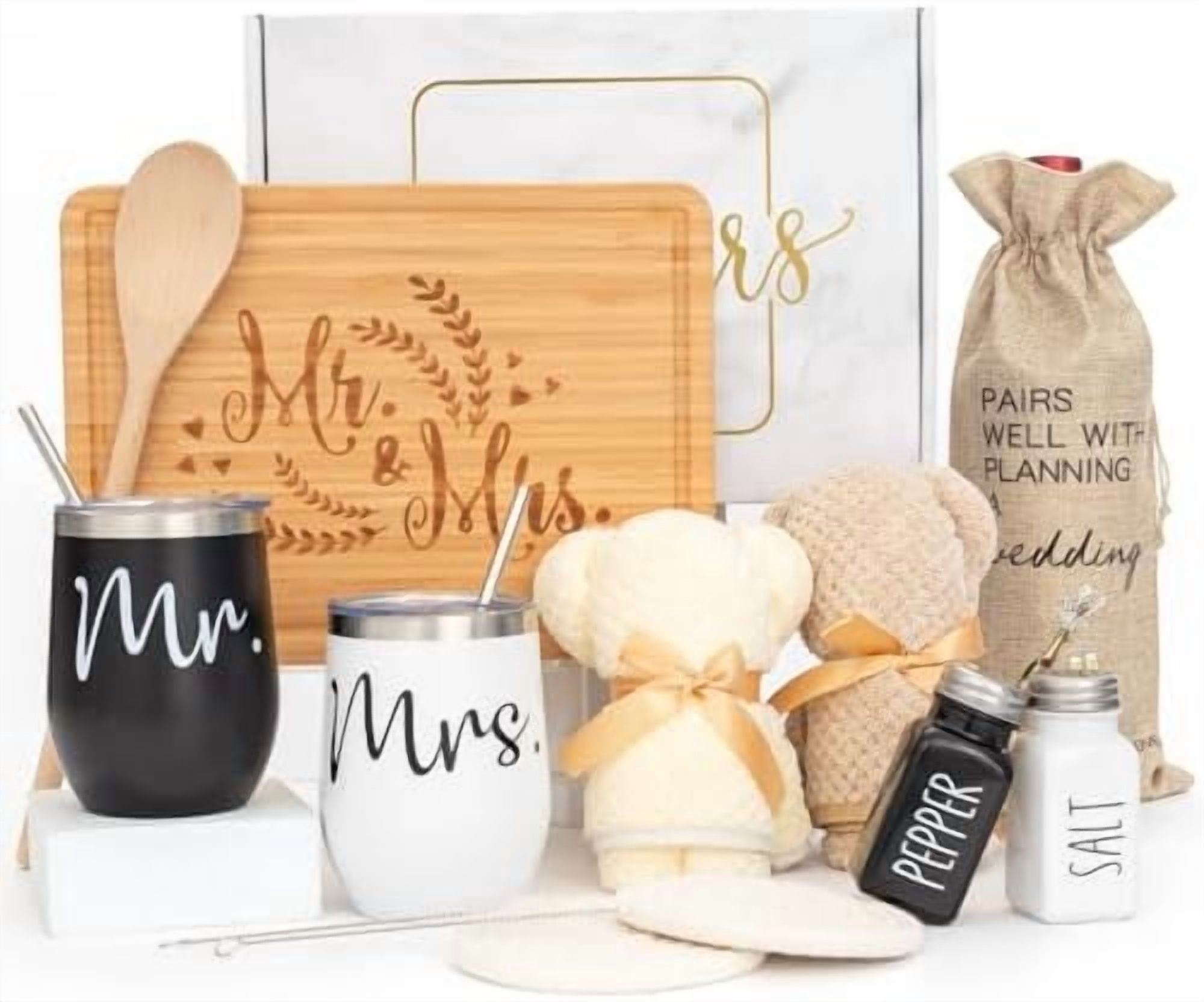 Wedding Gifts for Couple (11 Piece Set), Cool Engagement Baskets for Newlywed, Unique Mr and Mrs Box for Bride and Groom, Bridal Shower Gift for Bride To Be, His and Hers, Just Married
