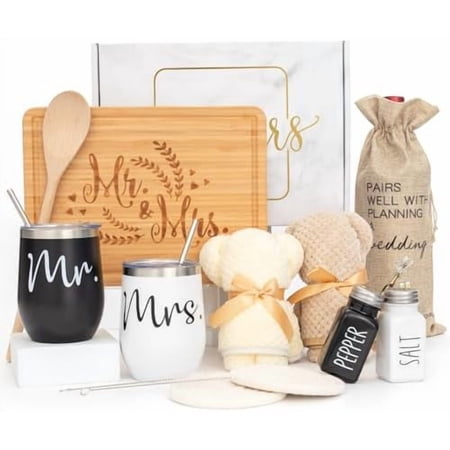 Wedding Gifts for Couple (11 Piece Set), Cool Engagement Baskets for Newlywed, Unique Mr and Mrs Box for Bride and Groom, Bridal Shower Gift for Bride To Be, His and Hers, Just Married