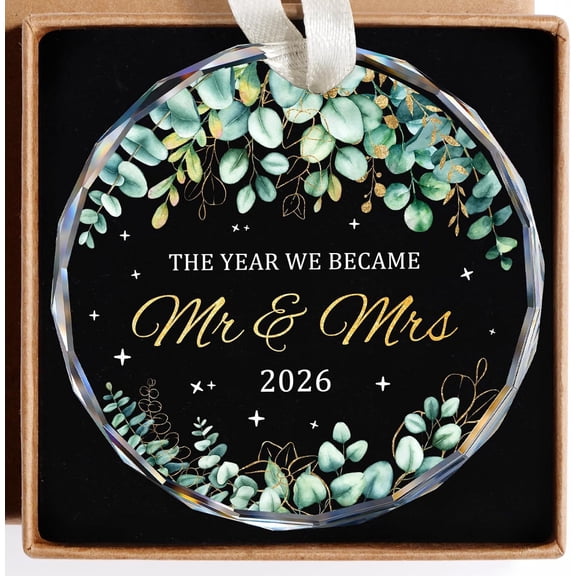 RAIRSKY Wedding Gifts for Couples 2026, Premium Crystal Glass First Christmas Married Ornament, Just Married Bridal Shower Decor,
