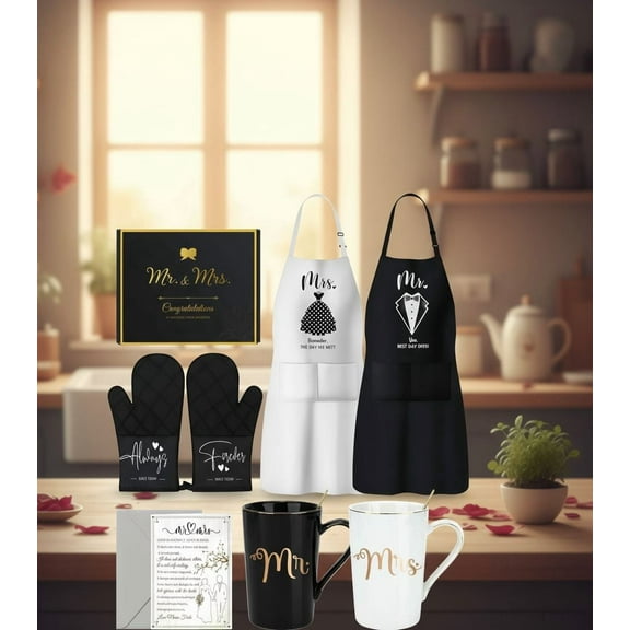 Wedding Gifts for Couples  Bridal Shower Gift for Bride To Be Engagement Gifts for Couples Newlyweds His and Hers Mr and Mrs Gift for Anniversary Marriage Matching Couple Stuff Basket with Aprons