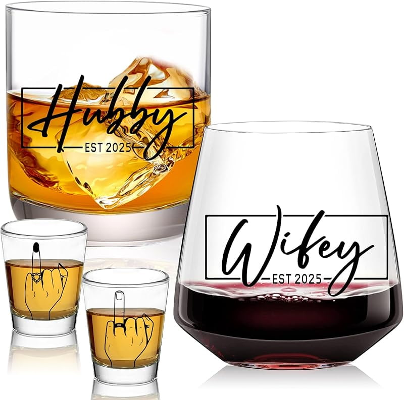 Wedding Gift Glasses Hubby & Wifey Est. 2025 Glass Set  20oz Beer & 13.5oz Wine  Glasses, Wedding & Engagement Gift For Couples Engagement Gift For Couples  2025