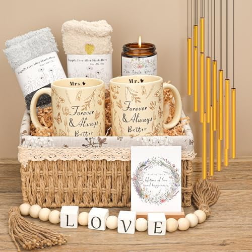 Wedding Gifts for Couples, Mr and Mrs Gift Set for Newlyweds, Bridal Shower | Wedding Engagement Anniversary | Christmas Gifts with Mugs Cozy Socks, Romantic Home Decor Basket for Bride & Groom