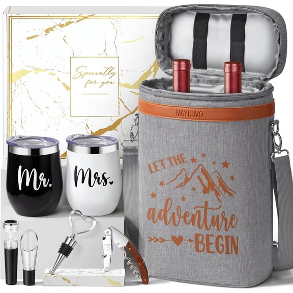 Wedding Gifts for Couples, Mr and Mrs  Tumblers Gifts - Engagement, Bridal Shower, Newlywed, His & Hers, Valentines Day, House Warming-Insulated  Cooler Tote Bag w/ Wines Accessories  Set