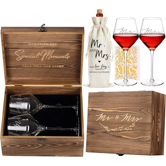 Wedding Gifts Mr and Mrs Wine Glasses, Bridal Shower Engagement Gifts for Couples,Wedding Glasses for Bride and Groom, Memory Keepsake Box, Wine Bag, Greeting Card