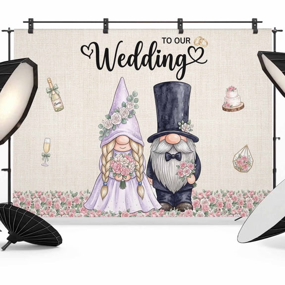 Wedding Gnomes Backdrops for Photography, Wedding Cake Flowers Champagne Rose Fabric Photo Background Sturdy Studio Props for Photo Studio, Video Recording, Booth & Photoshoot 7x5ft