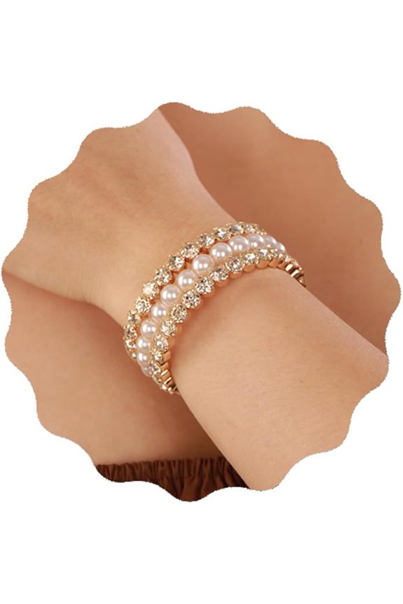 Wedding Gold 3 Row Pearl Rhinestone Stunning Bracelet Layered Adjustable Stretch Wrap Cuff Bridals Crystal Strand Bracelet Gift for Women Brides (Gold 3)[j72953]