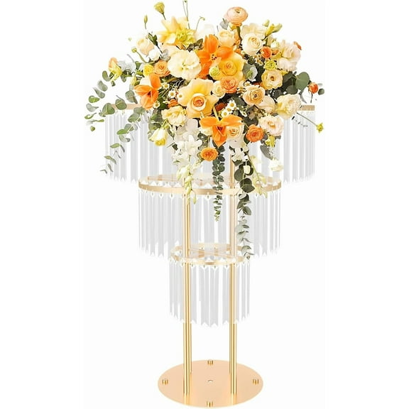 Wedding Gold Crystal Flower Stand, 3/4 Tiers Round Pedestal Stand Gold Wedding Party Decoration Vases Centerpieces with Hanging Crystals (3 Tiers)