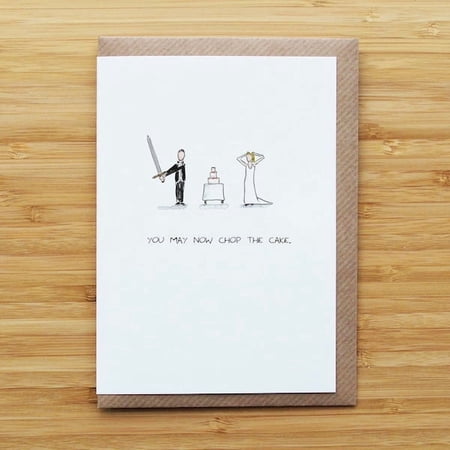 Wedding Greeting Card with Groom and Bride, Humorous "You May Now Chop the Cake"