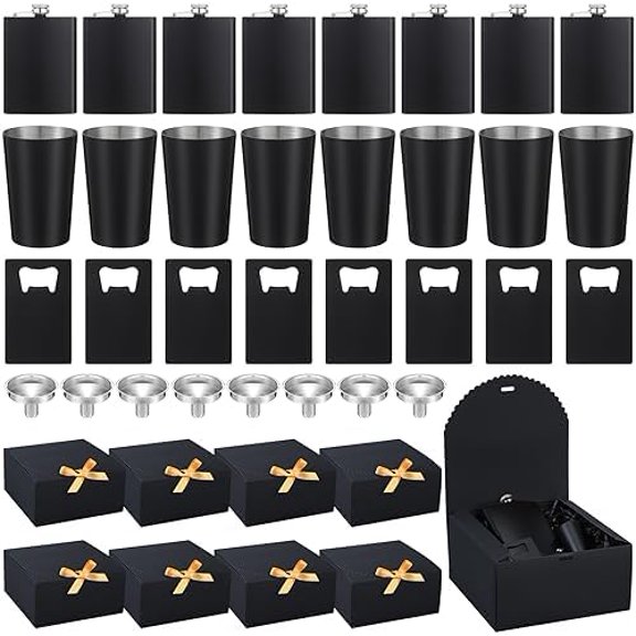 Wedding Groomsman Gifts Set of 8 Flask for Men 8 oz Stainless Steel Hip Flask with 8 Shot Glass 8 Funnel 8 Credit Card Bottle Opener Groomsmen Proposal Box with Raffia Grass Shred Fill