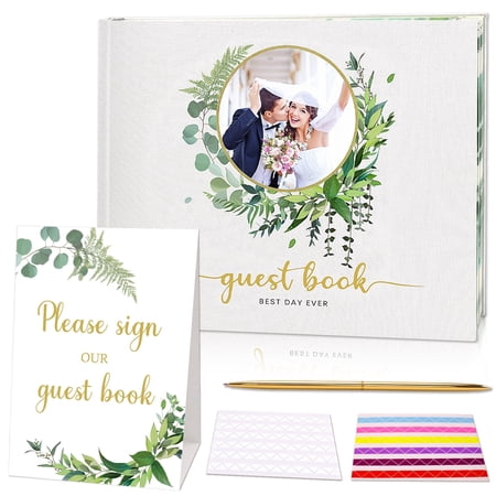 Wedding Guest Book, 8 x10” Personalized Guest Book for Wedding Reception Baby Bridal Shower Birthday Graduation Party, 100 Blank Pages Personalized Wedding Sign in Book with Pen and Table Sign