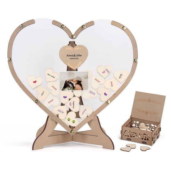 Wedding Guest Book Alternative - Rustic Heart Drop Top Picture Frame Acrylic Sign with 80psc Wooden Hearts, Exquisite Box - Wedding Reception for Party Anniversary Birthday