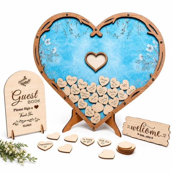 PanJoidys Wooden Heart Drop Box Guest Book Alternative, Wooden Signin Set with Picture Frame for Wedding Reception Decor