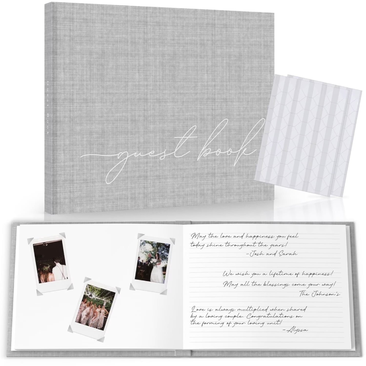 Wedding Guest Book With Clear Photo Corners Self Adhesive Stickers - Linen Photo Guestbook to Sign at Bridal Shower or Wedding Reception Party - 100 Pages - Half Blank and Lined Thick Paper Books