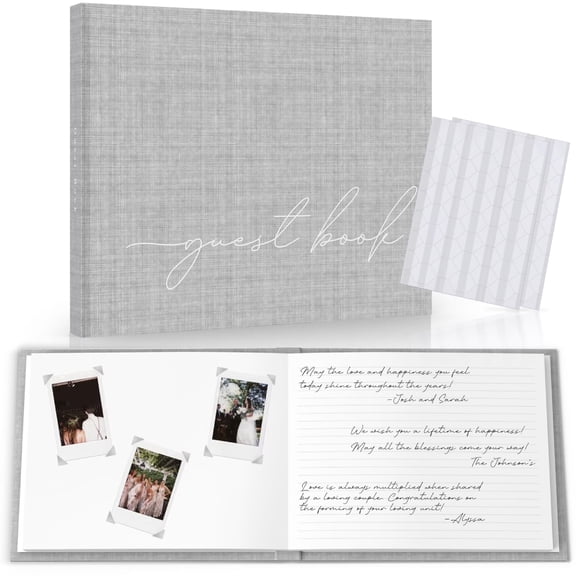 Wedding Guest Book With Clear Photo Corners Self Adhesive Stickers - Linen Photo Guestbook to Sign at Bridal Shower or Wedding Reception Party - 100 Pages - Half Blank and Lined Thick Paper Books