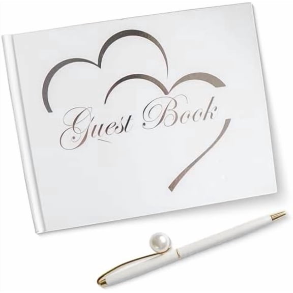 Wedding Guest Book, Guest Book with a Pen, White Guest Book Wedding Reception, Guest Book with Gray Heart Design, Wedding Guest Book Pictures with 100 Lined and White Pages.