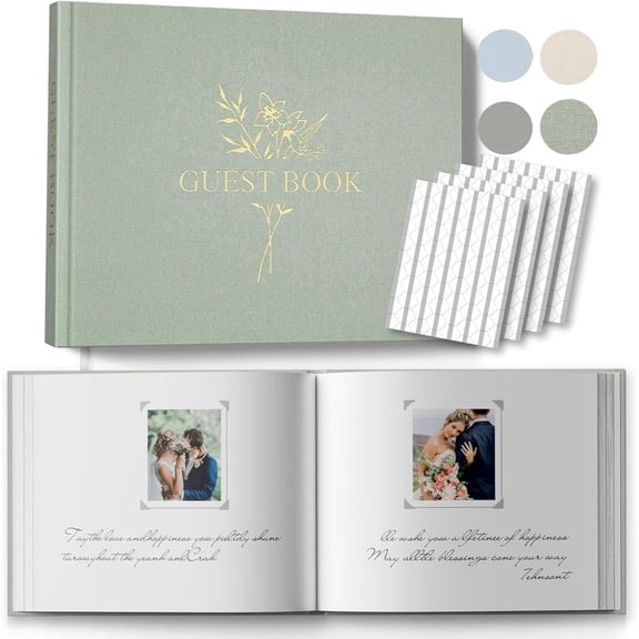 Wedding Guest Book for Memorial Service with 216 Photo Corners Stickers, Linen Guestbook to Sign at Bridal Shower or Reception ,100 Pages, Blank Thick Paper Books Baby Shower- Sage