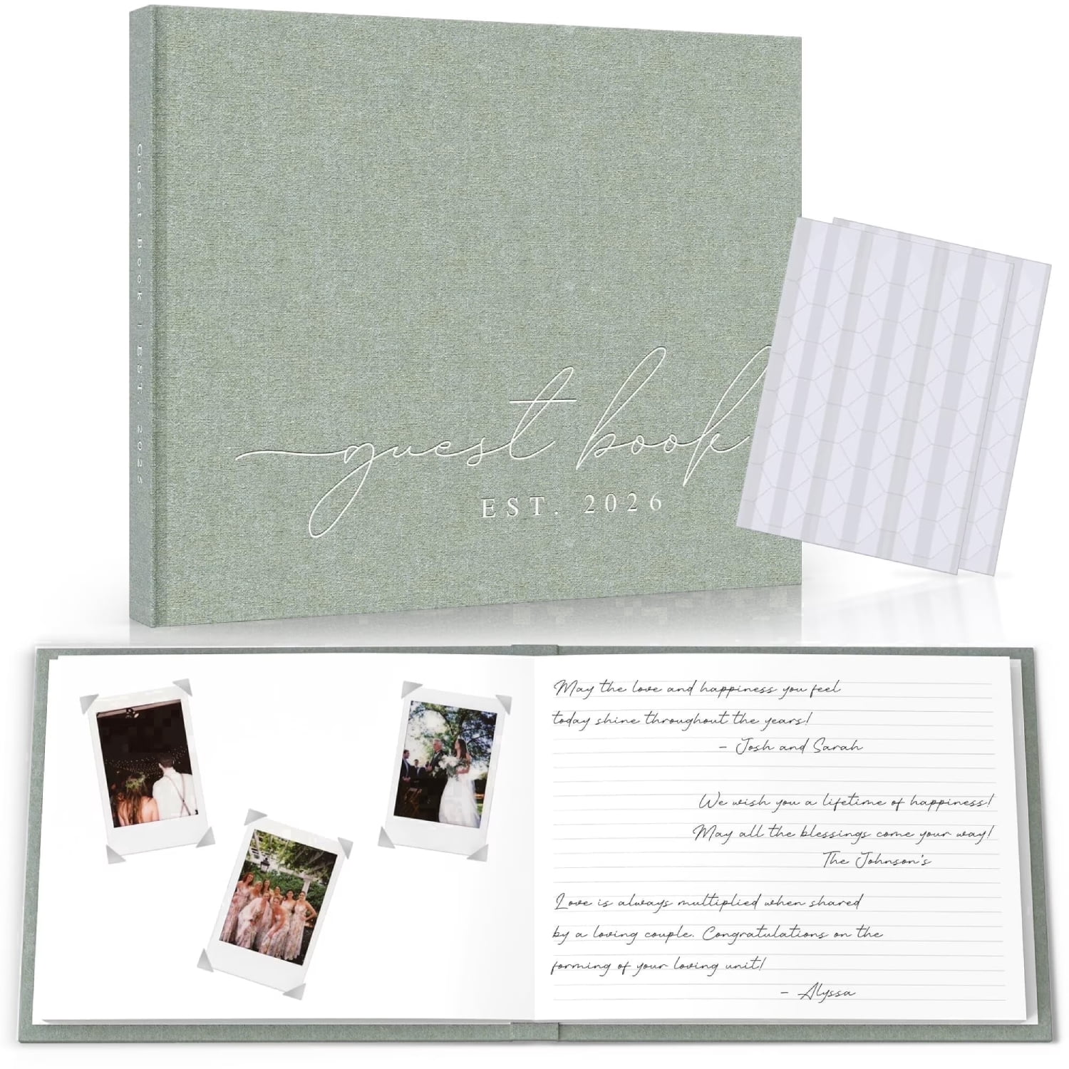 Wedding Guest Book With Personalized 2026 Year - Linen Photo Guestbook to Sign at Reception Party - Includes Clear Photo Corners Self Adhesive - 100 Pages Blank and Lined Thick Paper Guest Books