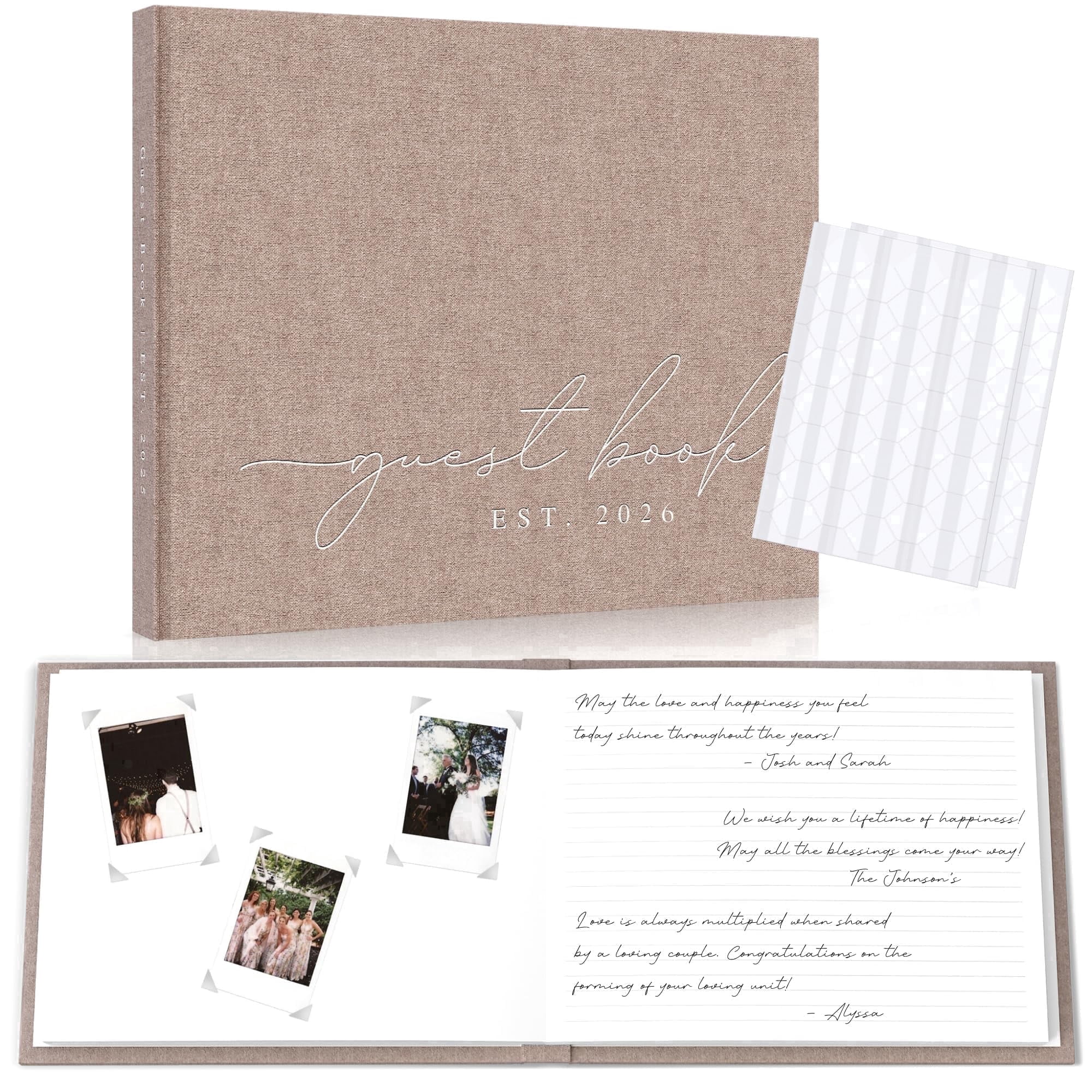 Wedding Guest Book With Personalized 2026 Year - Linen Photo Guestbook to Sign at Reception Party - Includes Clear Photo Corners Self Adhesive - 100 Pages Blank and Lined Thick Paper Guest Books