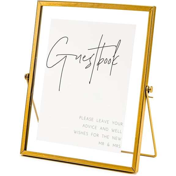 Wedding Guest Book Sign, 8x10 Gold Floating Picture Frame | Double glass metal frame, fits 6x8 insert, wedding guest book station, reusable tabletop frame for signs and photos