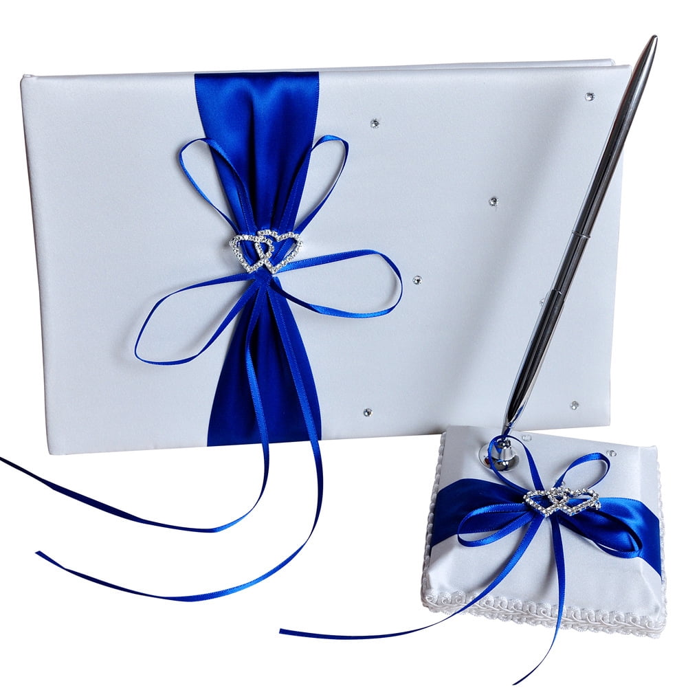 Sapphire Blue Satin Wedding Guest Book with Pen Holder
